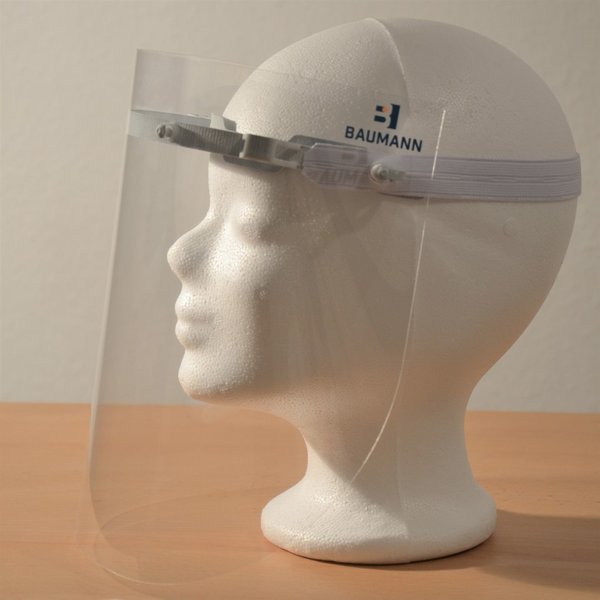 Wiederverwendbarer Gesichtsschutz mit Kopfstück aus biokompatiblem Kunststoff
